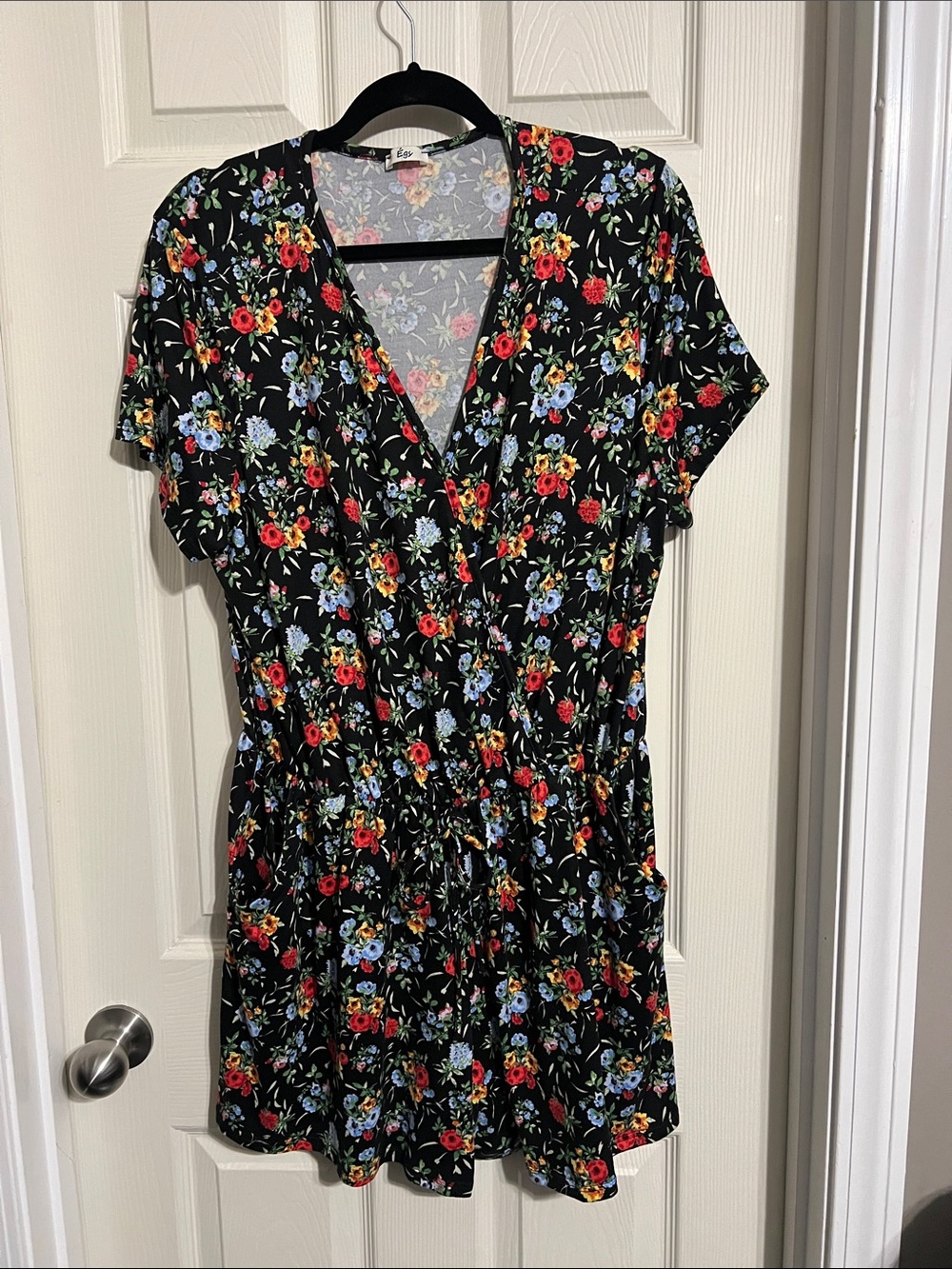 Black Floral V-Neck Romper with Red & Blue Blooms
